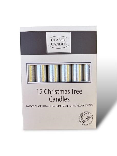 Svíčky na stromek metalické stříbrné 12 ks set