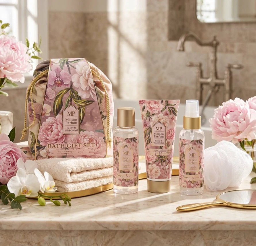 Maison Parfum Pivoňka & Divoká orchidej – Luxusní dárková tělová sada