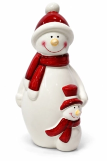 Porcelánová vánoční figurka Sněhulák s malým sněhuláčkem – červená