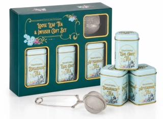 Dárková sada mini plechovky černých čajů a nálevníku - Vintage viktoriánský 70 g